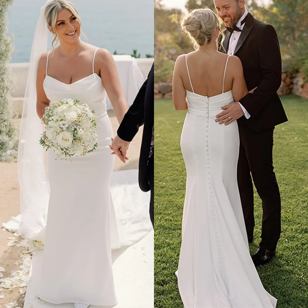 

Customized White Jersey Wedding Dress Elegant Strapless Spaghetti Straps Sleeveless Bridal Gowns Chapel Train Mermaid Dress