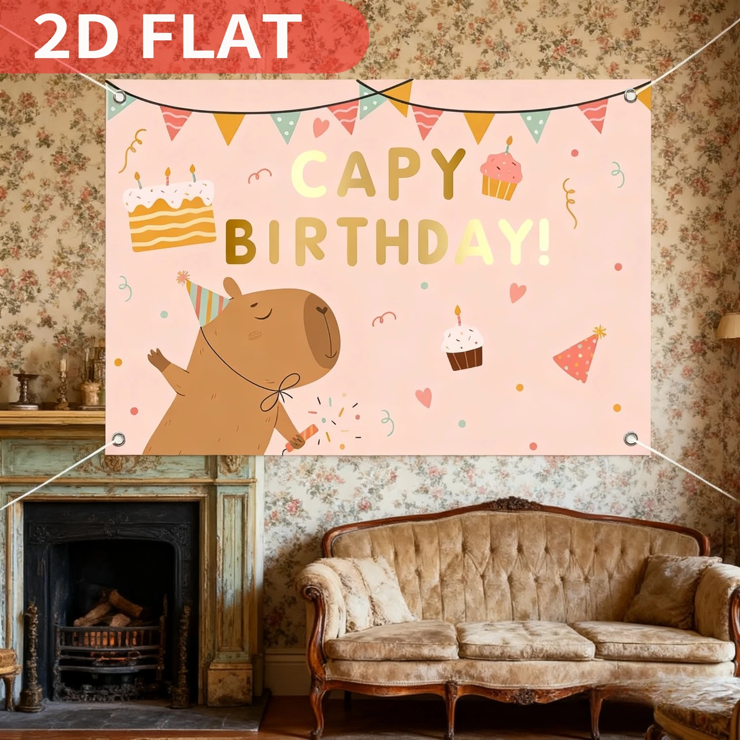 1pc Pink Capy Theme Birthday Backdrop, Cartoon Capybara Background Poster for Birthday, Festive Design, Birthday Party Decor