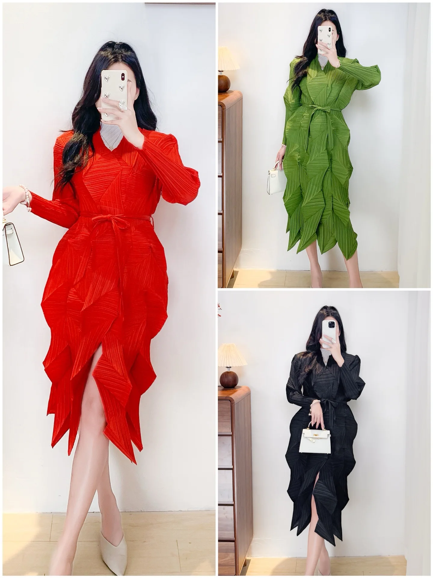 มิยาเกะชุดสีทึบ 2025 ฤดูใบไม้ผลิและฤดูร้อนใหม่หลวมเจ็ดในสี่แขนรอบคออารมณ์มือจีบกระโปรงยาว