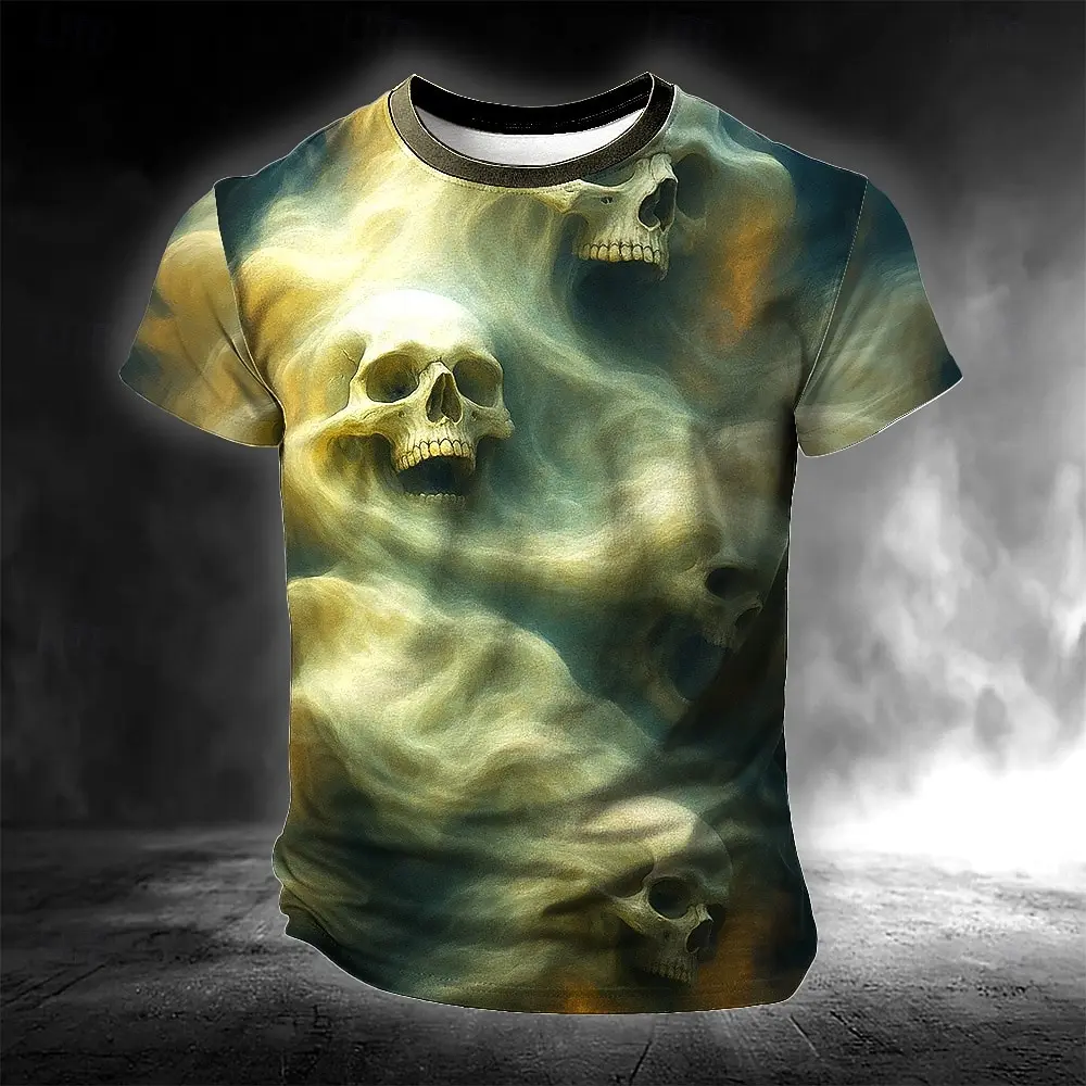 Halloween Men's Skull Smoke 3D T-shirt Short Sleeve T-shirt 3D Print Crew Neck Shirt Exaggerated Designer Horror