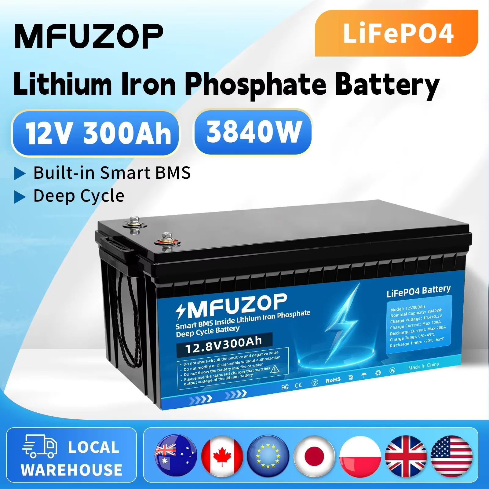 DATOUBOSS 12V Battery Lithium 300A Rechargeable LiFePO4 Battery Pack Deep Cycle for Camping Fish Fin