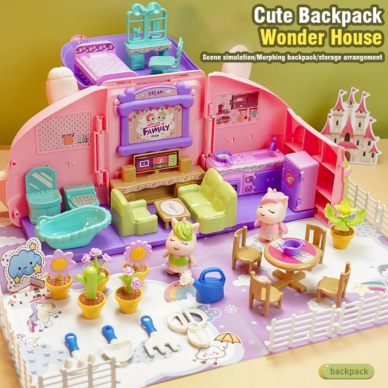 Dollhouse Backpack Children's Pretend Play Home Doll House Simulation Villa Castle Kitchen Games Educational Toys for Girls Kids