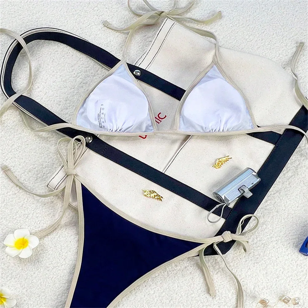 Vintage Blue Bikinis Set Triangle Border String Swimsuit Push Up Swimwear Backless Extrem Bikini Women Beach Outfit Bathing Suit