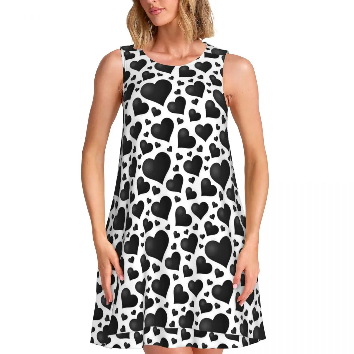 Black Hearts Print Dress Sexy Dresses Ladies Sleeveless Simple Tank Dress Date Pattern Oversize Clothing