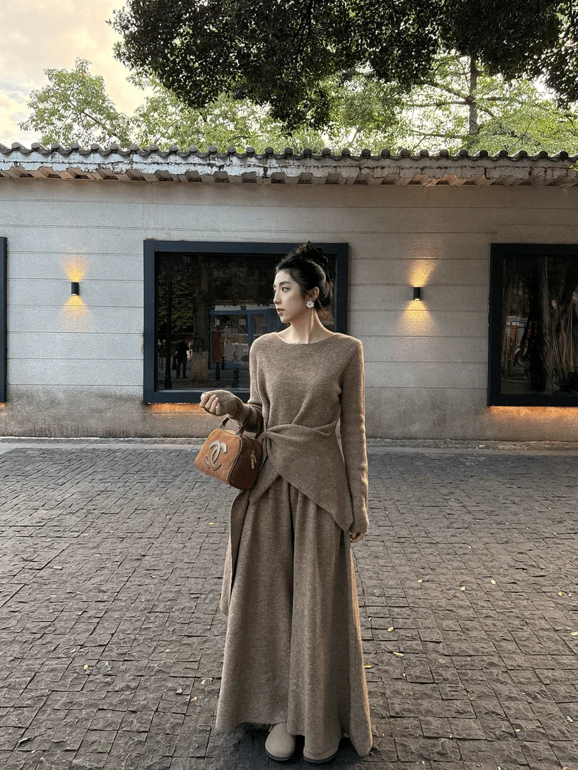 

Faionable Long Sve женский комплект, повседневные брюки с высокой талией, корейский костюм из двух предметов, осеннее новое поступление, эффект похудения