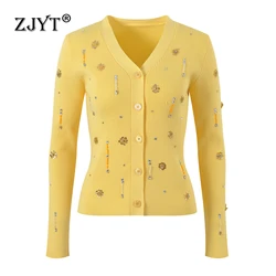 ZJYT Women's VNeck Beading Cardigan Sweaters Coat Solid Knitting Tops Female Europe Fashion Knitwears Jersey Mujer 2024 Designer