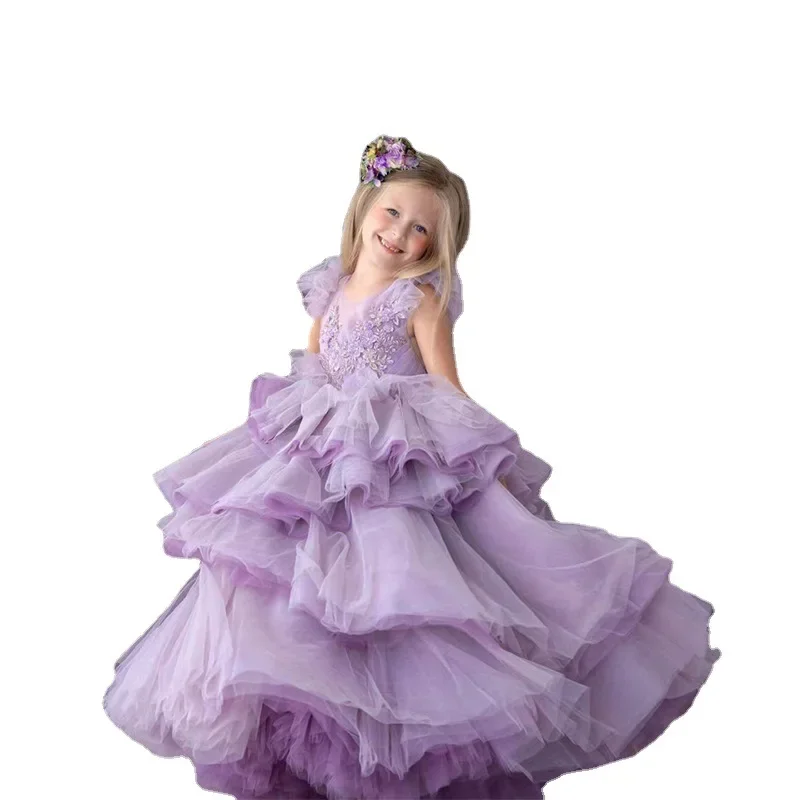 Girls Ruffled Sleeve Embroidered Tulle Ball Gown Elegant Design For Formal Events Weddings Flower Girl Evening Birthday Piano Pe