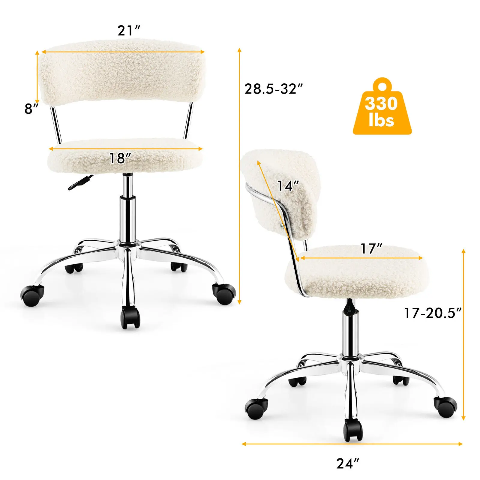 Costway Computer Desk Chair Adjustable Sherpa Office Chair Swivel Vanity Chair White