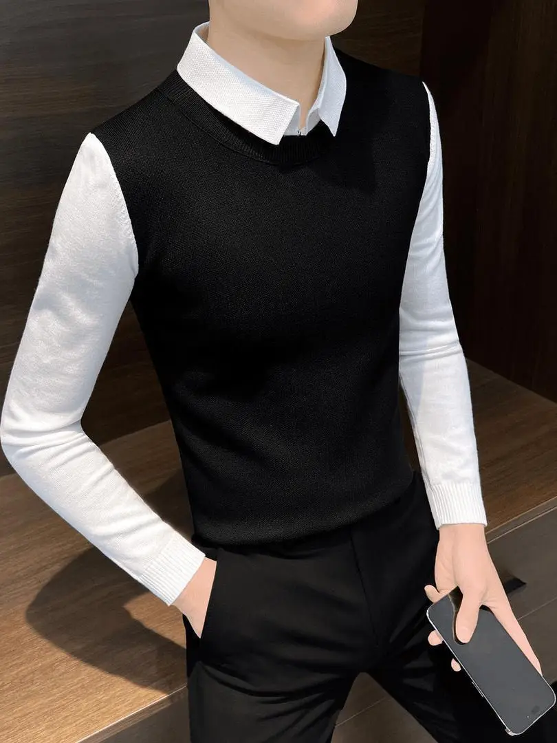 

Мужской вязаный свитер с эффектом двухслойности, весенне-осенний, повседневный, модный, из мягкой ткани, с длинными рукавами, на пуговицах, теплый топ