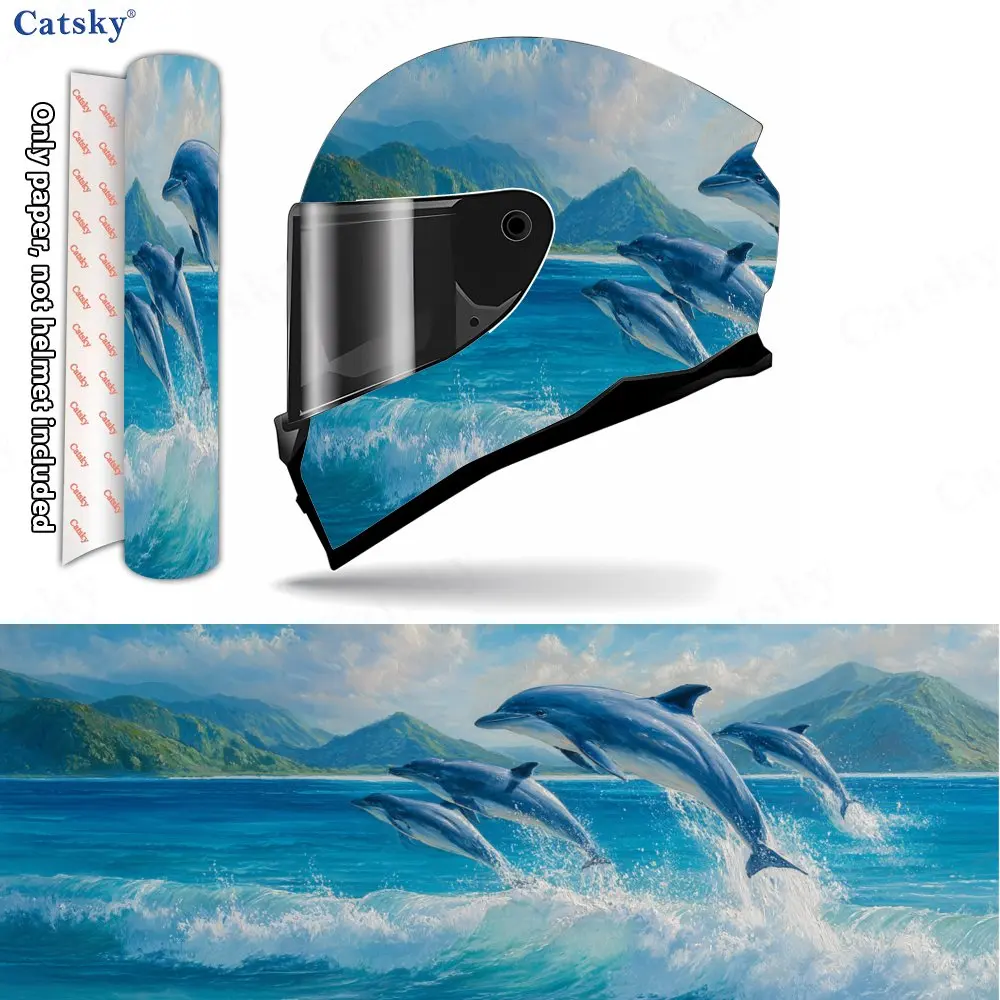 

Ocean Dolphin Wave-Jumping Dynamic Helmet Vinyl Wraps, Waterproof Scratch-Resistant Full Face Helmet Decals, Durable PVC Decorat