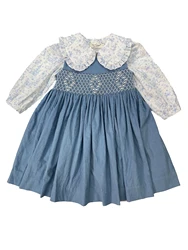 Girls Handmade Smocking 2Pcs Dress Set Blue Corduroy Vest Dress with White Long Sleeve Lapel Rabbit Print Shirt Outfit Clothing