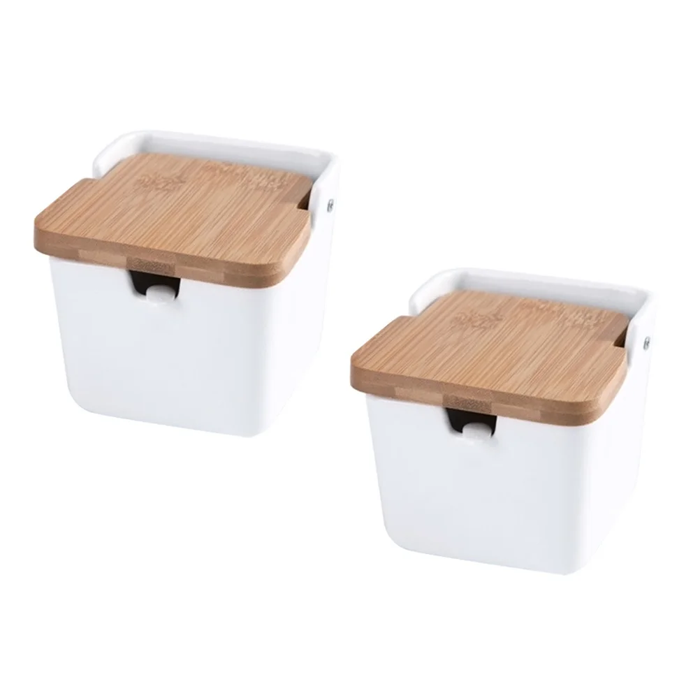 

2 Sets Ceramic Seasoning Bottles Simple Dustproof Bamboo Lid Condiment Jar Set Storage Container Spice Jar