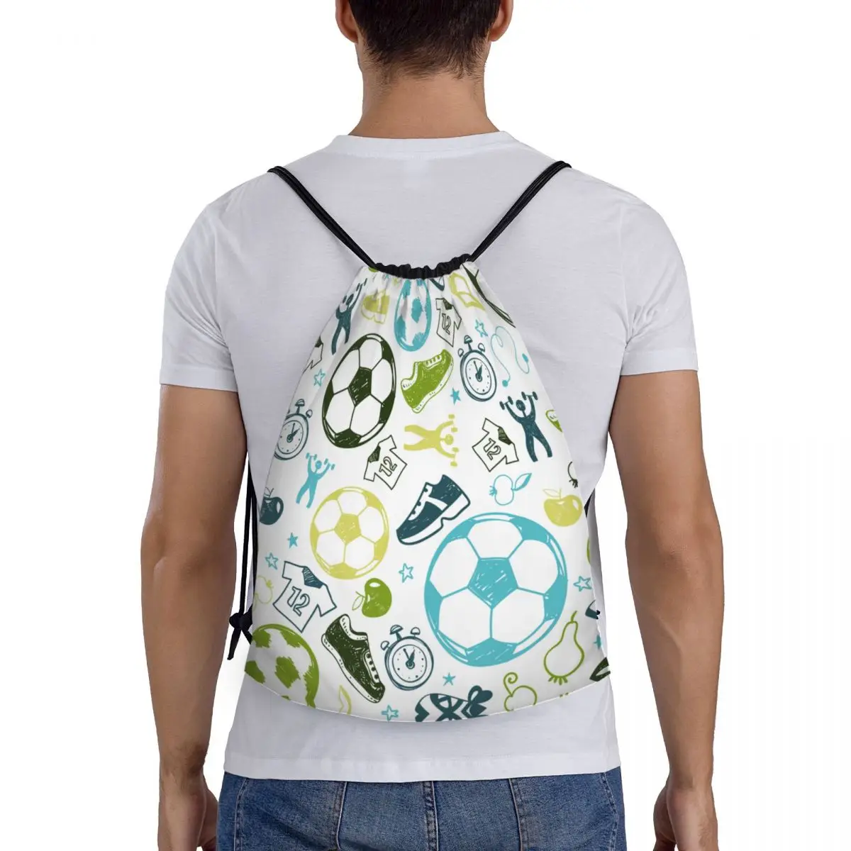 Saco de esportes personalizado para homens e mulheres, padrão de futebol, futebol, leve, mochila de armazenamento