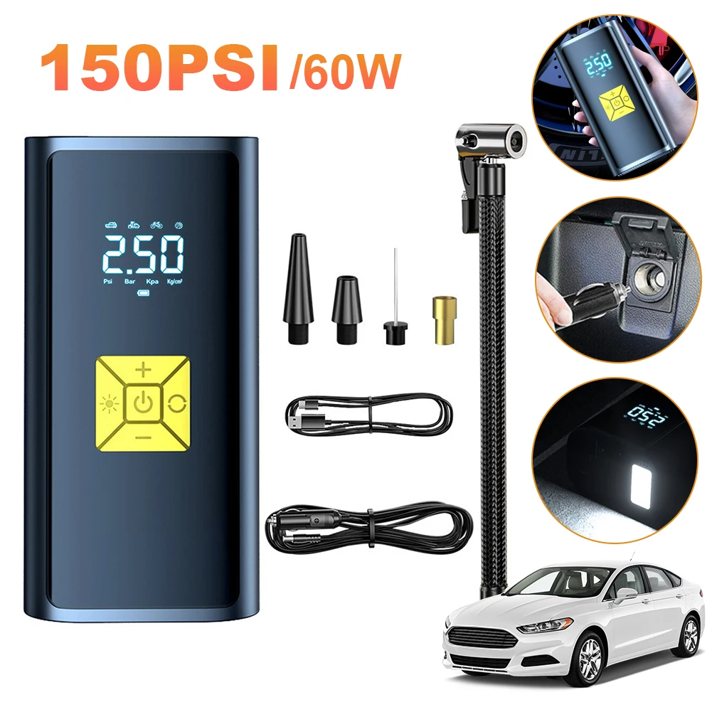 

Электрический накачиватель шин с ЖК-дисплеем, портативный автомобильный воздушный компрессор со светодиодной подсветкой, цифровой автомобильный накачиватель шин для автомобильных мотоциклетных шариков