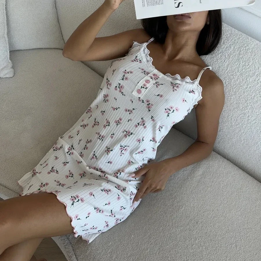 Sexy Camisole Nightdress slim Floral printing lace Women Trim Underwear Lotus Leaf Edge mini sleepwear Summer nightgown homewear
