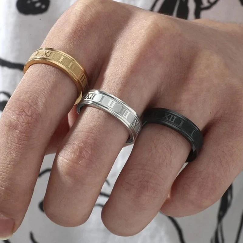

Винтажное мужское кольцо с римскими цифрами шириной 6 мм, модный ремешок из нержавеющей стали, темпераментный стиль для помолвки, очаровательные ювелирные изделия