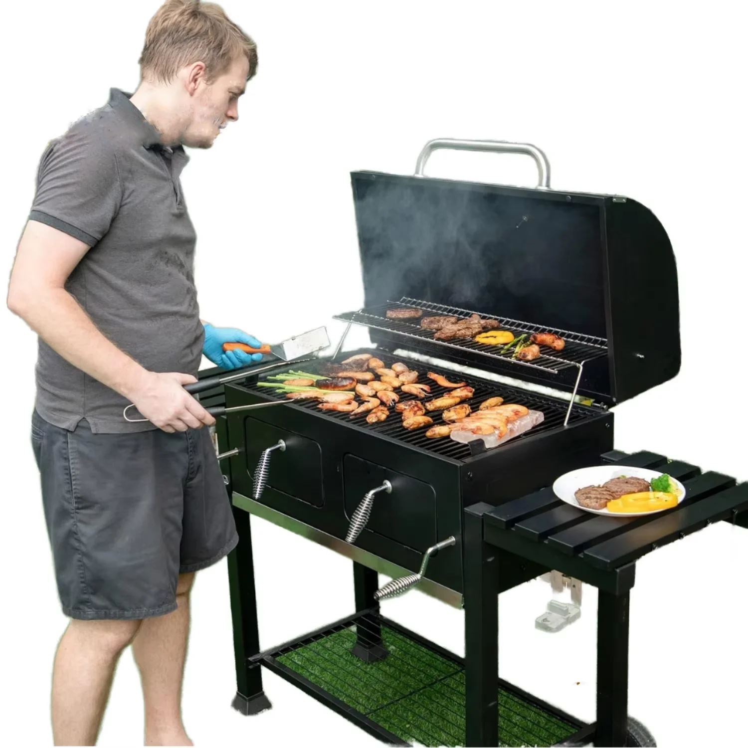 2026 Outdoor Carbon Steel Charcoal BBQ Grill Stove Large Backyard  Garden Barbecue Smoker Trolley for Camping