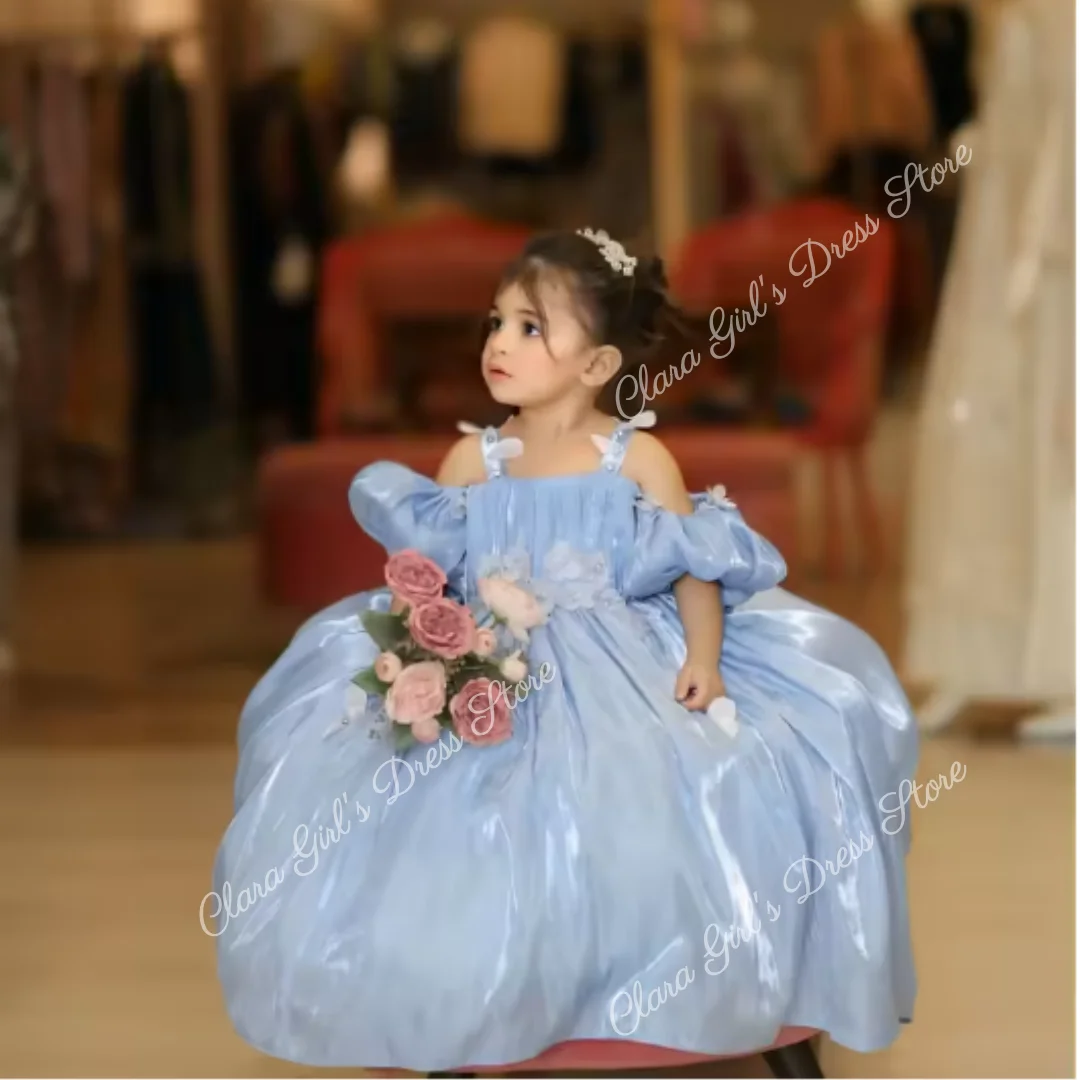 Light Blue Shiny Satin Girl's Flower Dress Off-Shoulder Birthday Party Dress Celebrity Evening Gown Custom Made