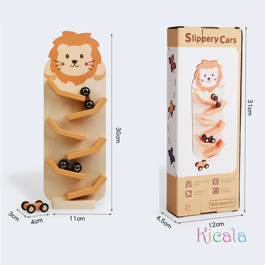 Coche de carreras de atajo de madera, tobogán de carreras, pista divertida, coche deslizante de dibujos animados, juego de coordinación mano-ojo, juguetes educativos para edades tempranas, regalos