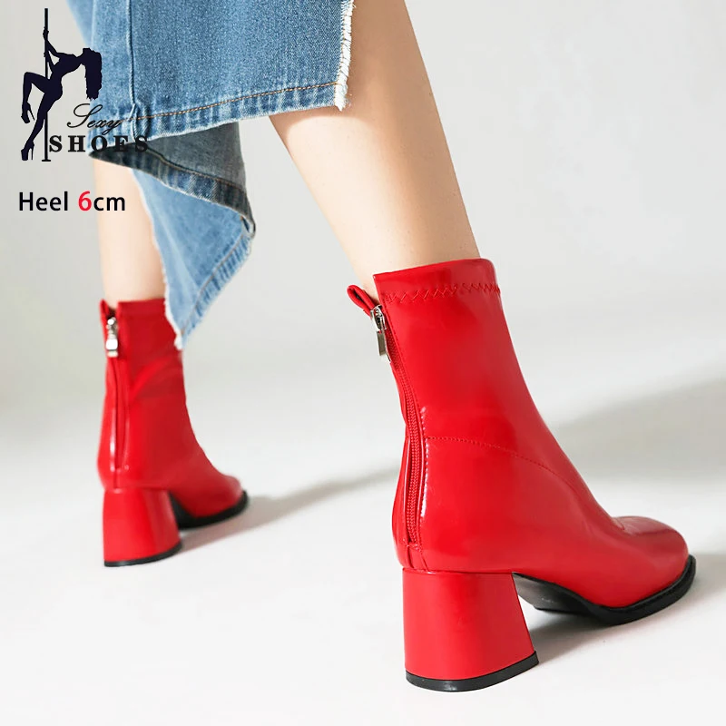 Thick High Heel Ankle Boots Spring Autumn Ladies Shoes 2024 Elegant Women Winter Keep Warm Short Booties Large Size 43 44 45 46