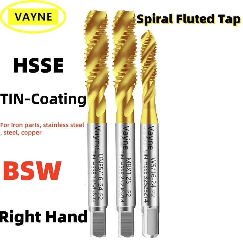 

1PCS VAYNE BSW HSSE With TIN Spiral Fluted Tap British 1/8-40 5/32 3/16 7/32 1/4 5/16 3/8 7/16 1/2 5/8 Screw Fine Thread Taps