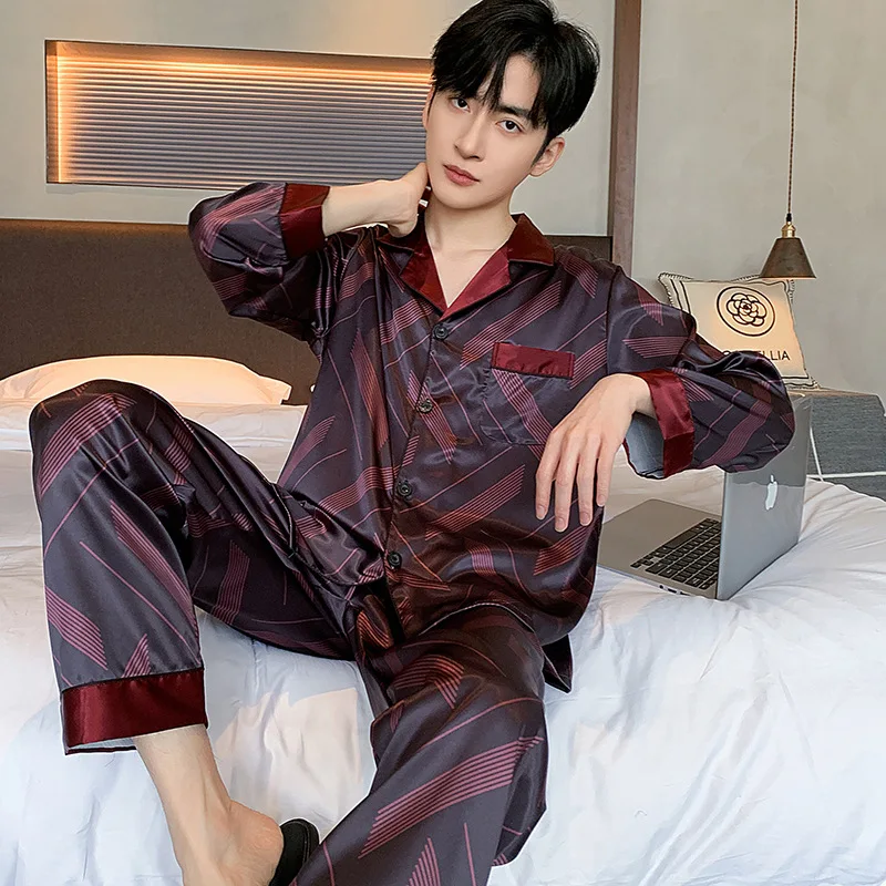 High Quality Men\'s Pajamas Suit Spring Autumn Ice Silk Long sleeved Cardigan Outdoor Satin Sleepwear Male Homeclothes Summer Boy