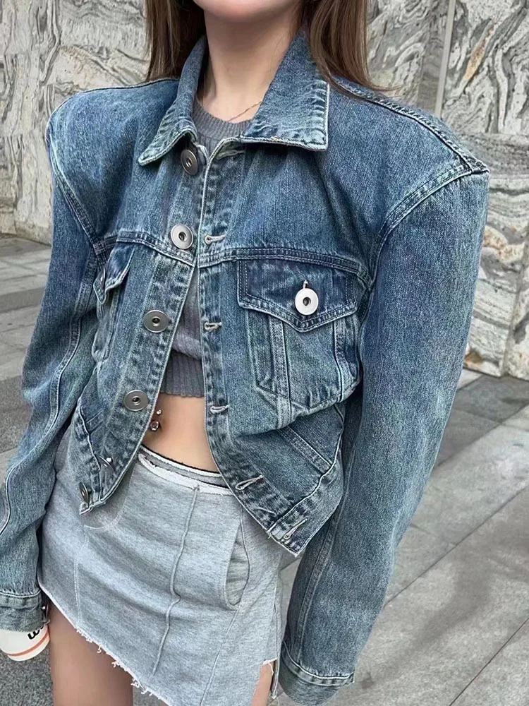 Short Denim Jackets Women's Early Autumn New 2024 Design Casual Irregular Shoulder Pad Jacket Top Female Clothing