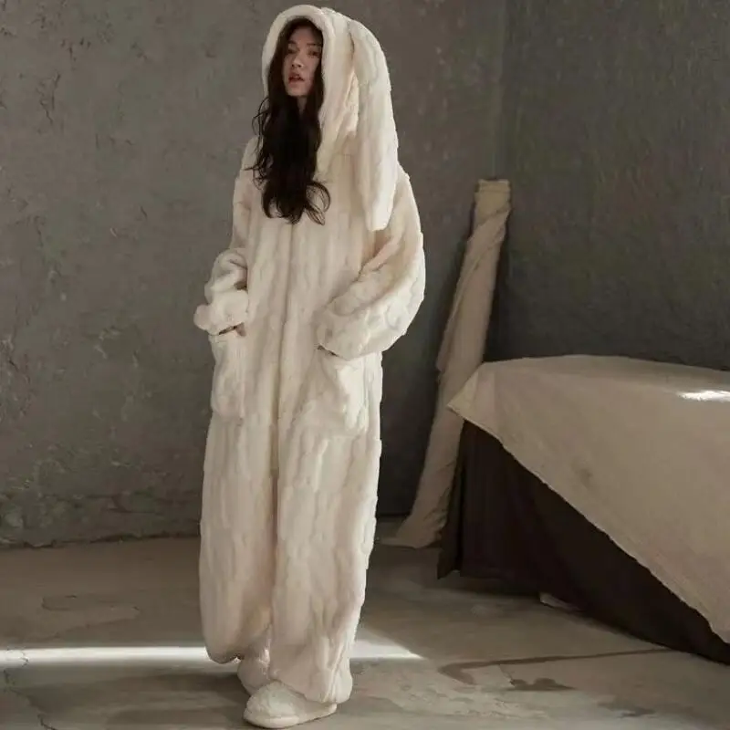 

Кавайные сиамские пижамы с капюшоном для девочек, весенне-осенняя домашняя одежда из кораллового флиса с героями мультфильмов, одежда для сна на флисовой подкладке, женский милый пижамный комплект