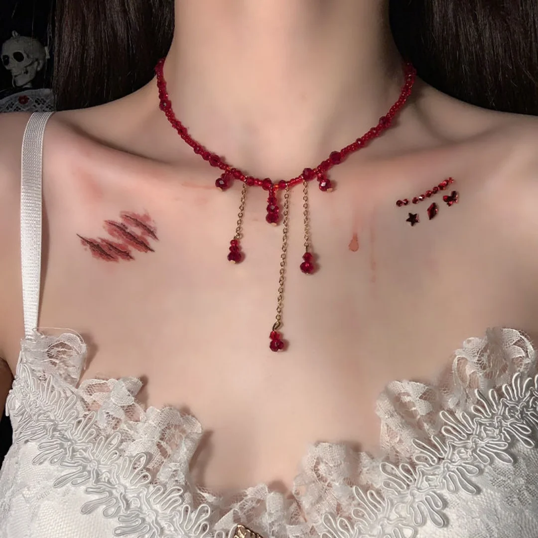

DUTRIEUX Fashion Neo-Gothic Punk Blood Drop Necklace For Women Tassel Red Halloween Collarbone Chain Beads Choker Jewelry Gifts