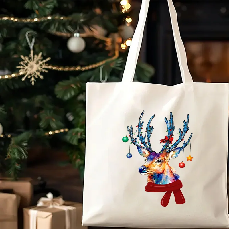 1pc, Women'S And Unisex Christmas Deer Print Tote Bag - Pastel Pink Beige with Reindeer Antlers And Red Scarf Design, Machine Wa