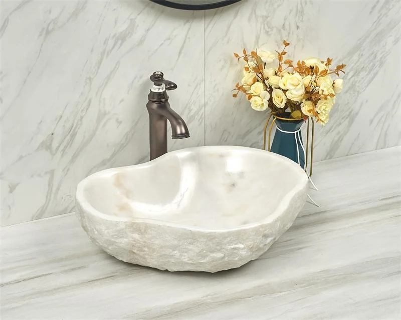 

%r Modern Irregular Edge White Natural Stone Bathroom Hand Wash Sink with Drainer
