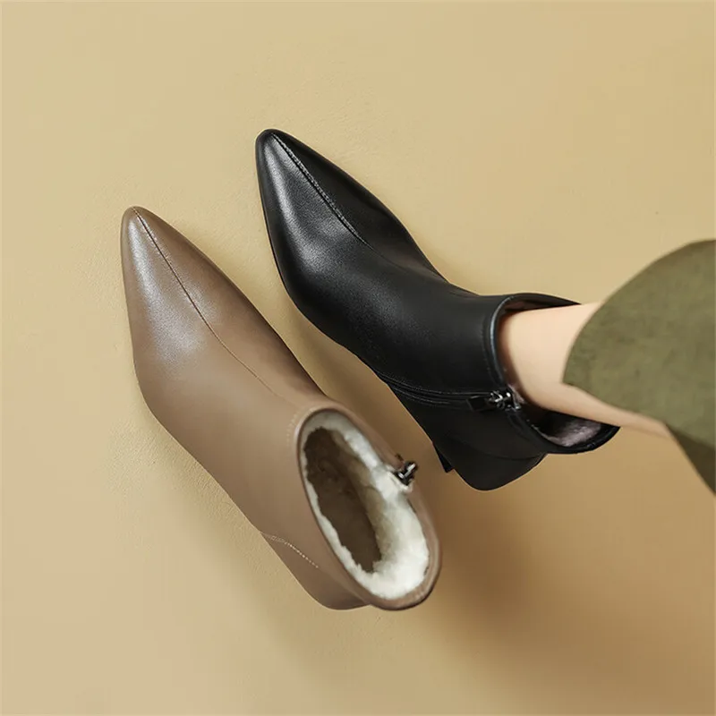 New Winter Genuine Leather Women Boots Shoes for Women Short Boots Pointed Toe Women Shoes Botines Mujer High Heels Ankle Boot - view 2