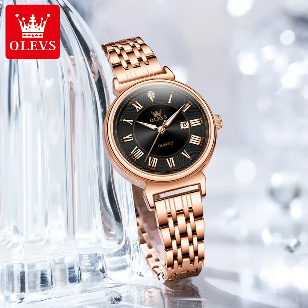 OLEVS Luxury Brand Quartz Clock for Women Classic Roman Scale Solid Stainless steel Waterproof Date Wristwatch Women Girl Watch