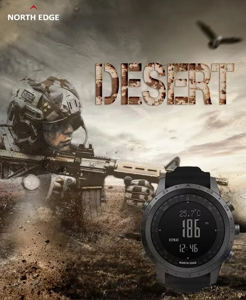 NORTH EDGE DESERT Men's Military Smartwatch Altimeter Barometer Compass Swimming Running Waterproof 50m Outdoor Watch