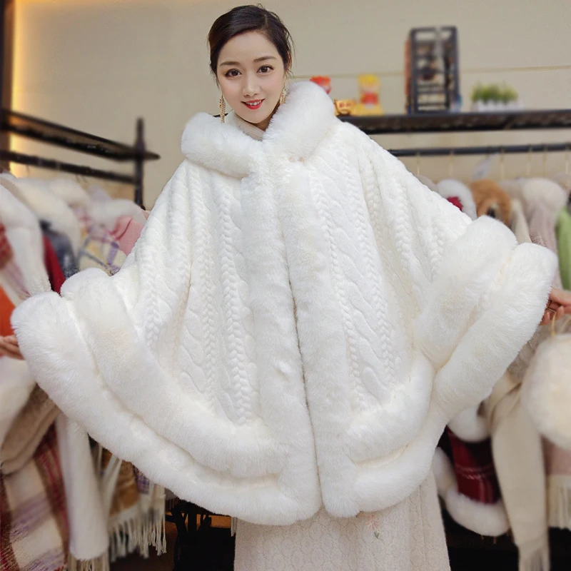 

Luxury Comfort Flannel Cape Hooded Double Layers Good Faux Fur Trims Coat Women Winter Thicken Warm Cardigan Cloak Outerwear