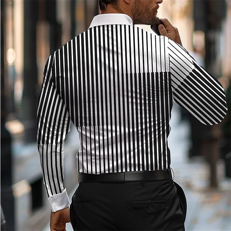 Striped men's business casual 3D printed shirt street daily spring and summer lapel long-sleeved black 6XL stretch fabric shirt