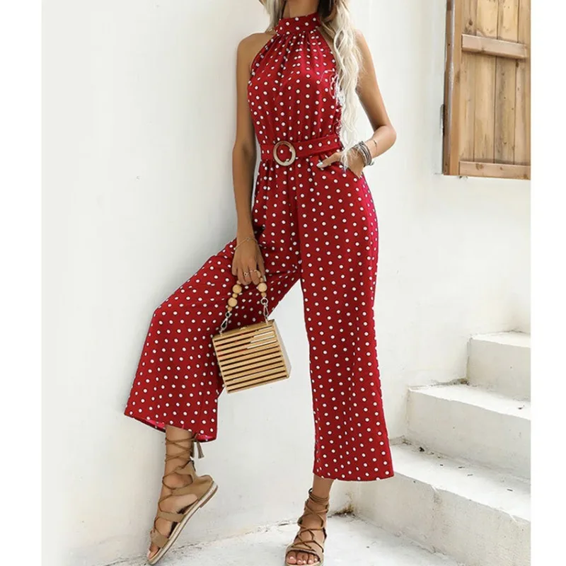 Jumpsuit wanita polkadot, Jumpsuit Halter kaki lebar dengan sabuk elegan berpergian musim panas