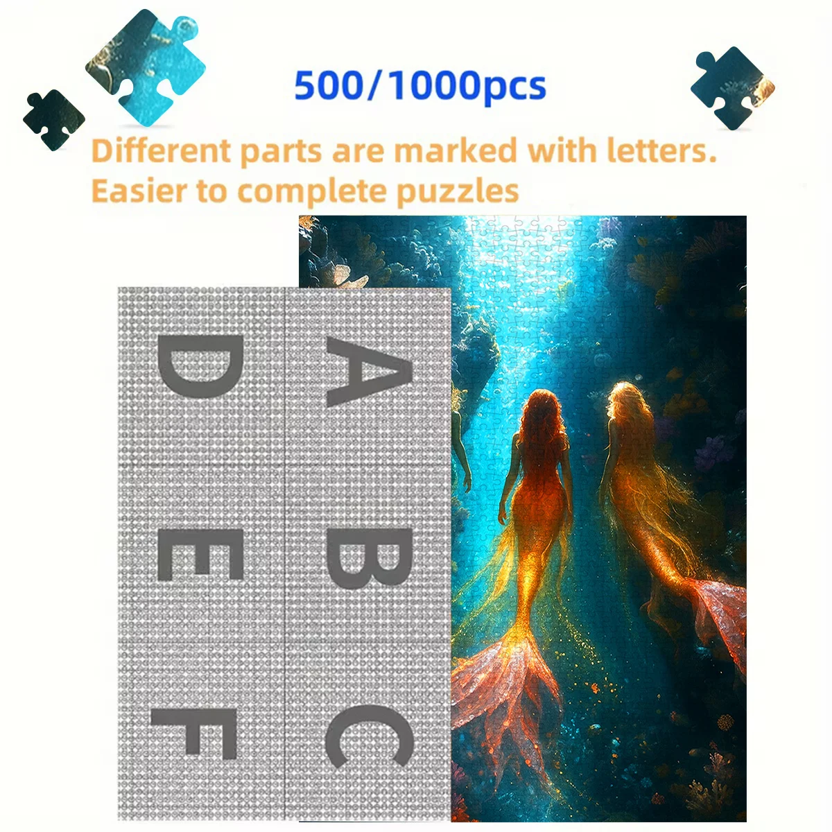 ตัวต่อจิ๊กซอว์ผจญภัยใต้น้ำนางเงือก 500/1000 ชิ้น |   กระดาษแข็งคุณภาพสูง พกพาสะดวก เหมาะสำหรับวันเกิด คริสต์มาส ปีใหม่