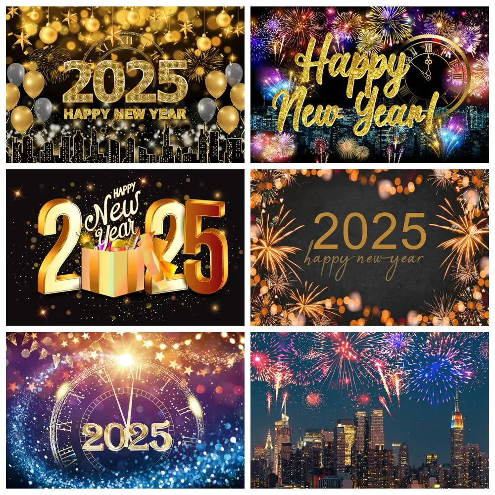 2025 New Year Photography Backdrop Glitter Firework Balloons Clock Wine Glass New Year's Eve Party Photo Background Decor Banner