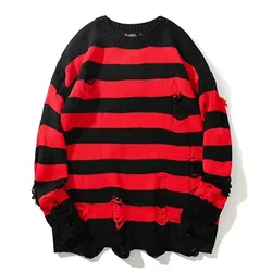 Autunno inverno coppia maglioni a righe distrutto maglione strappato uomo Pullover foro maglieria donna oversize moda Harajuku top