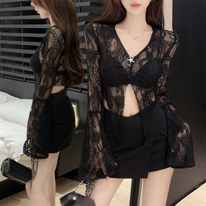 Gidyq Summer Women Sexy Lace Shirts Korean Fashion Hollow Cropped Sun Protection Blouse Casual Streetwear Female Party Tops New