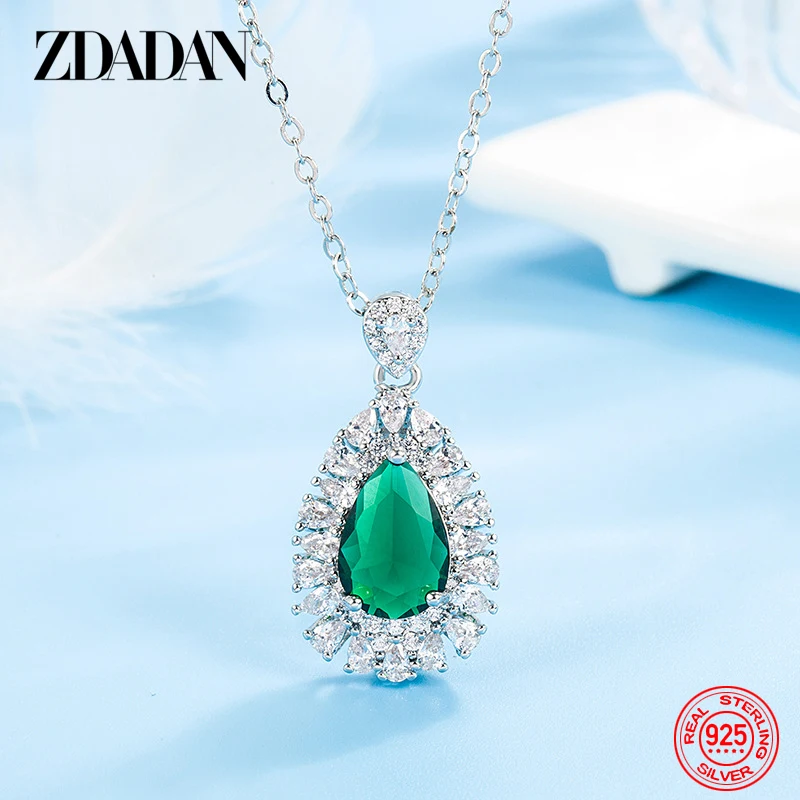 ZDADAN 925 Sterling Silver Water Drop Emerald Necklace Chains For Women Fashion Jewelry