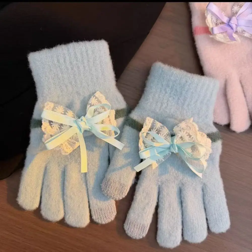Cute Bowknot Gloves Thickened Touchscreen Warm Gloves Comfortable Warm Full Finger Gloves Women