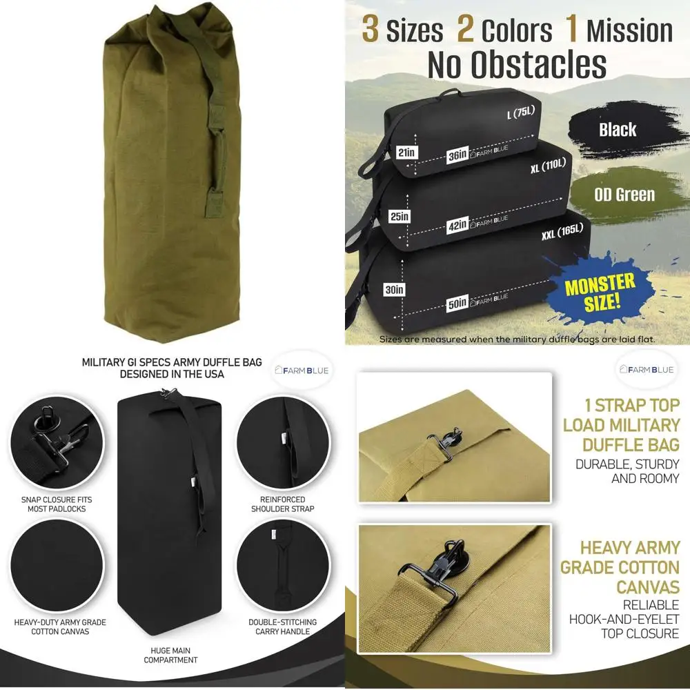 

Большая спортивная сумка из хлопкового холста в стиле милитари — прочная армейская сумка для стирки для мужчин, женщин и студентов — идеально подходит для путешествий и