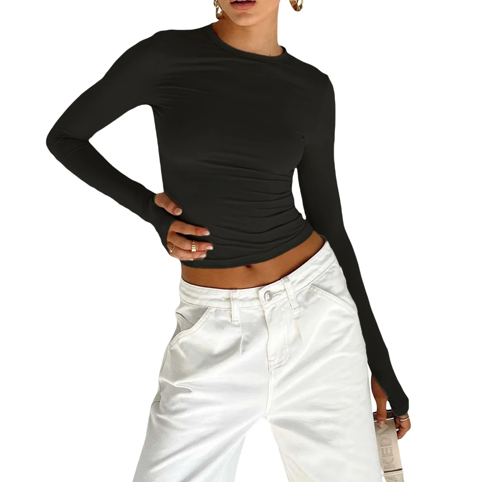 Women Long Sleeve T-shirt Y2K Crop Tops Solid Slim Fit Pullovers Casual Tees Shirts with Thumb Hole Spring Autumn Streetwear - Image 2