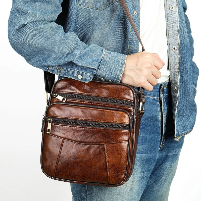 New Vintage MEN\'S cow leather shoulder bag male crossbody casual bag for men