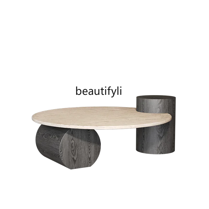 

New Round light luxury designer natural travertine coffee table, simple living room, small round table tea table