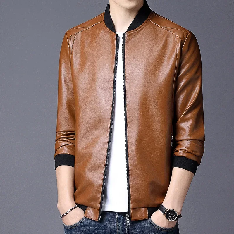 2023 Men Jacket Smooth Faux Leather Spring Jacket Solid Color Elastic Cuff Men Coat Slim Stand Collar Cardigan Jacket Daily Wear