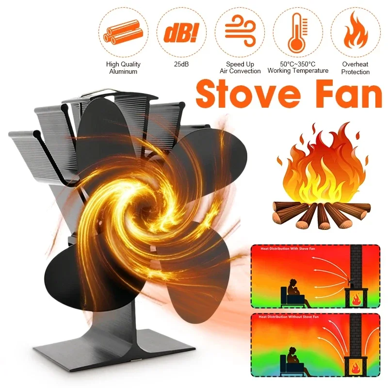 

4 Blade Black Stove Fan Fireplace Fan Heat Powered komin Wood Burner Eco Fan Friendly Quiet Home Efficient Heat Distribution