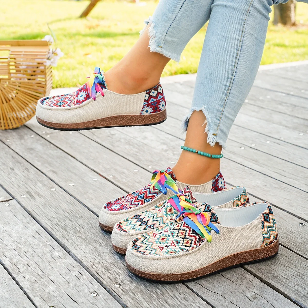 Women's Mixed colors linen Lace-Up Shoes Fashion casual sneakers Woman Comfortable lightweight Cloth flat Shoes Zapatos De Mujer